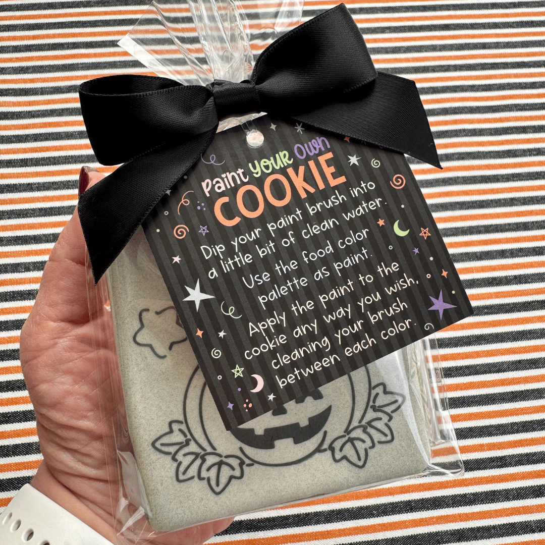 PYO instruction card pain palette on back (2) Halloween Paint Your Own Cookie Tags - 25 Printed 3" x 3" Tags - Image 1