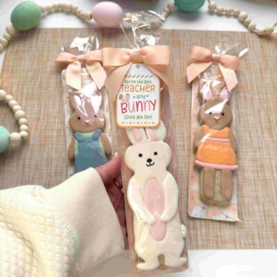 Tall Bunny Decorated Sugar Cookie With easter greaseproof backer tag and bow