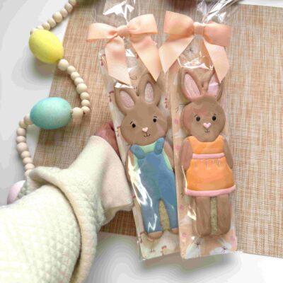 Tall Bunny Decorated Sugar Cookie With easter greaseproof backer tag and bow