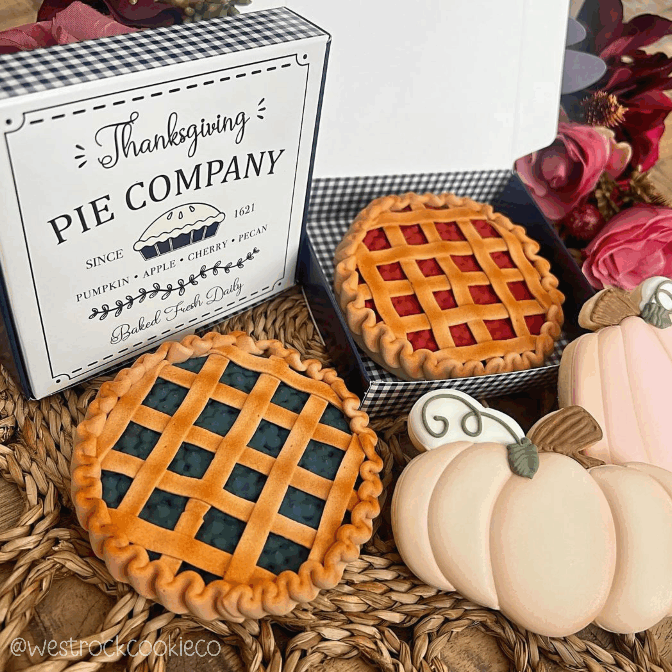 Thanksgiving Cookies Decorated as Pies with Thanksgiving Pie Company Cookie Box
