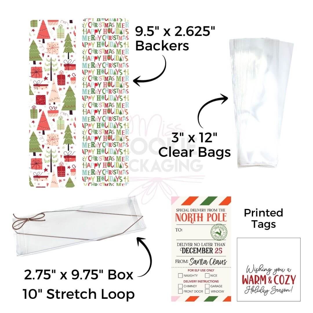 Greaseproof backer, matching printed tags, stretch loops, and clear poly bags