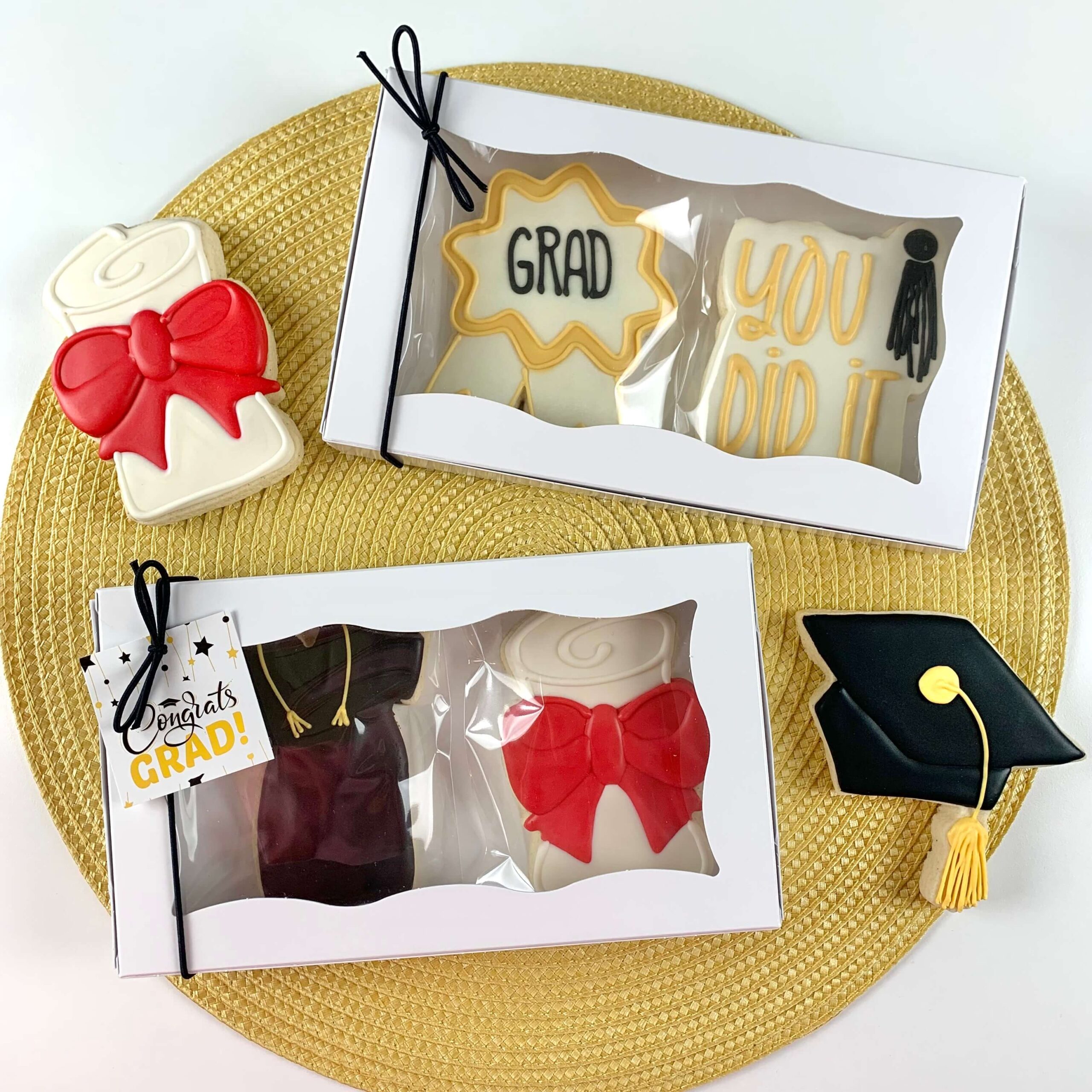 Bakery Box with Graduation Sugar Cookies and Stretch Loops