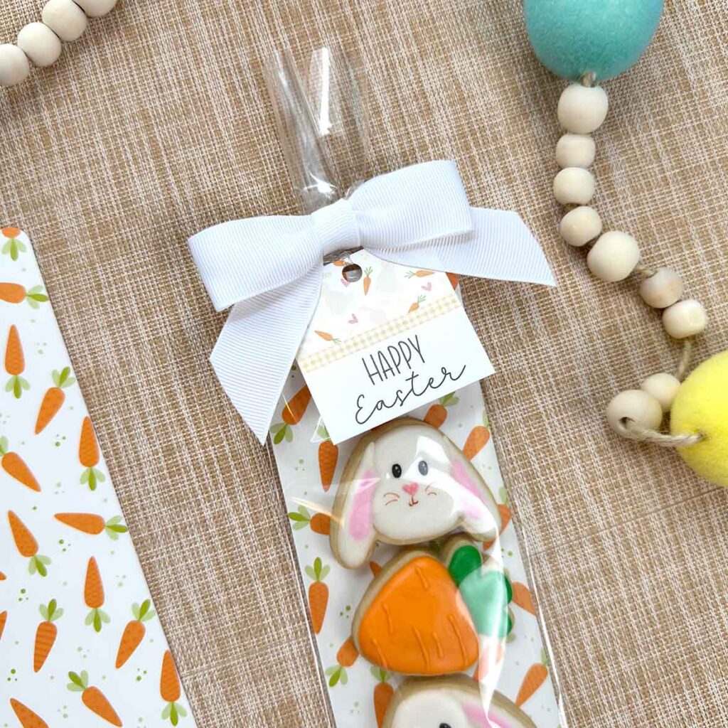 happy Easter tag with mini Easter cookies on tall Easter backer