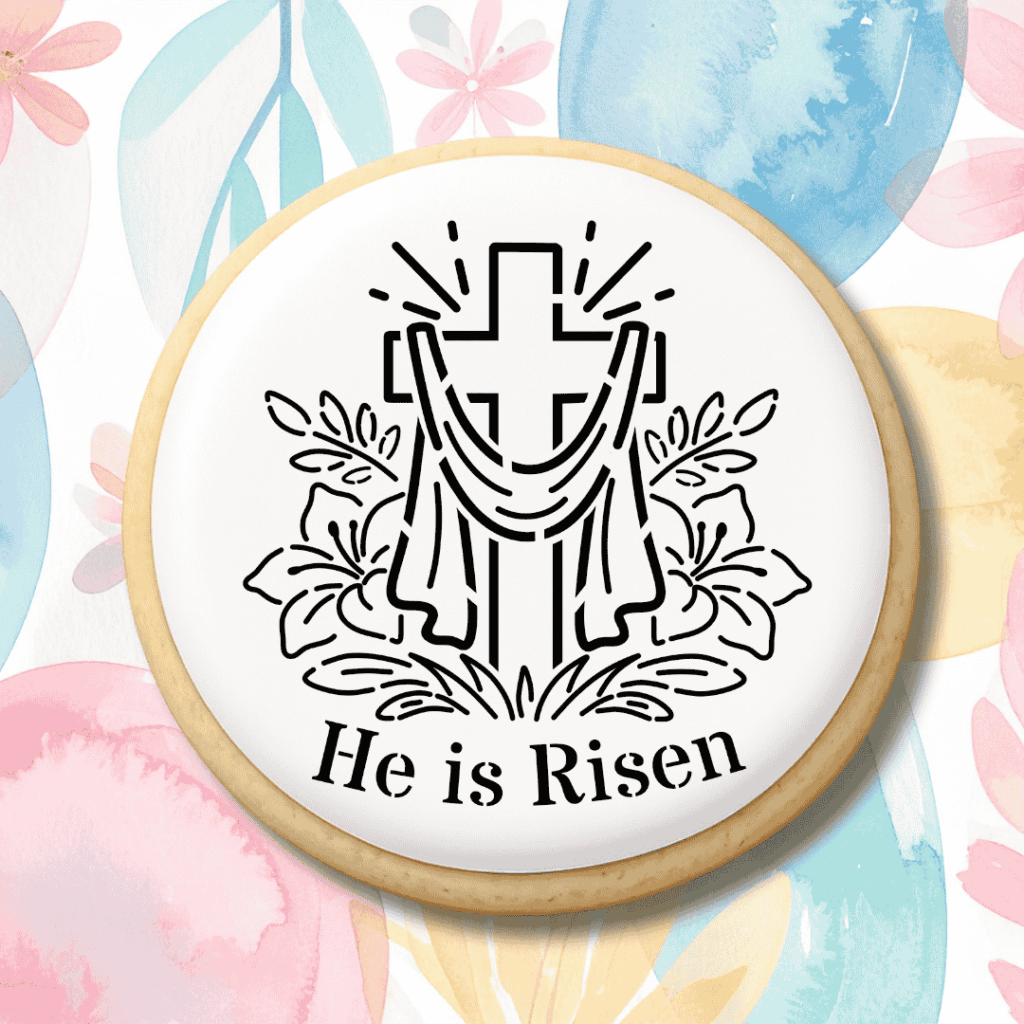 Cross and Lily Faith He Is Risen Stencil On Mockup Cookie