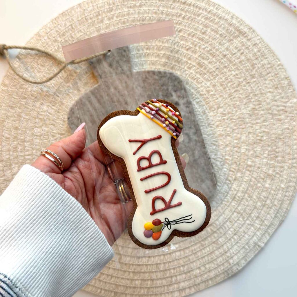 decorated dog treat with name and self seal bag