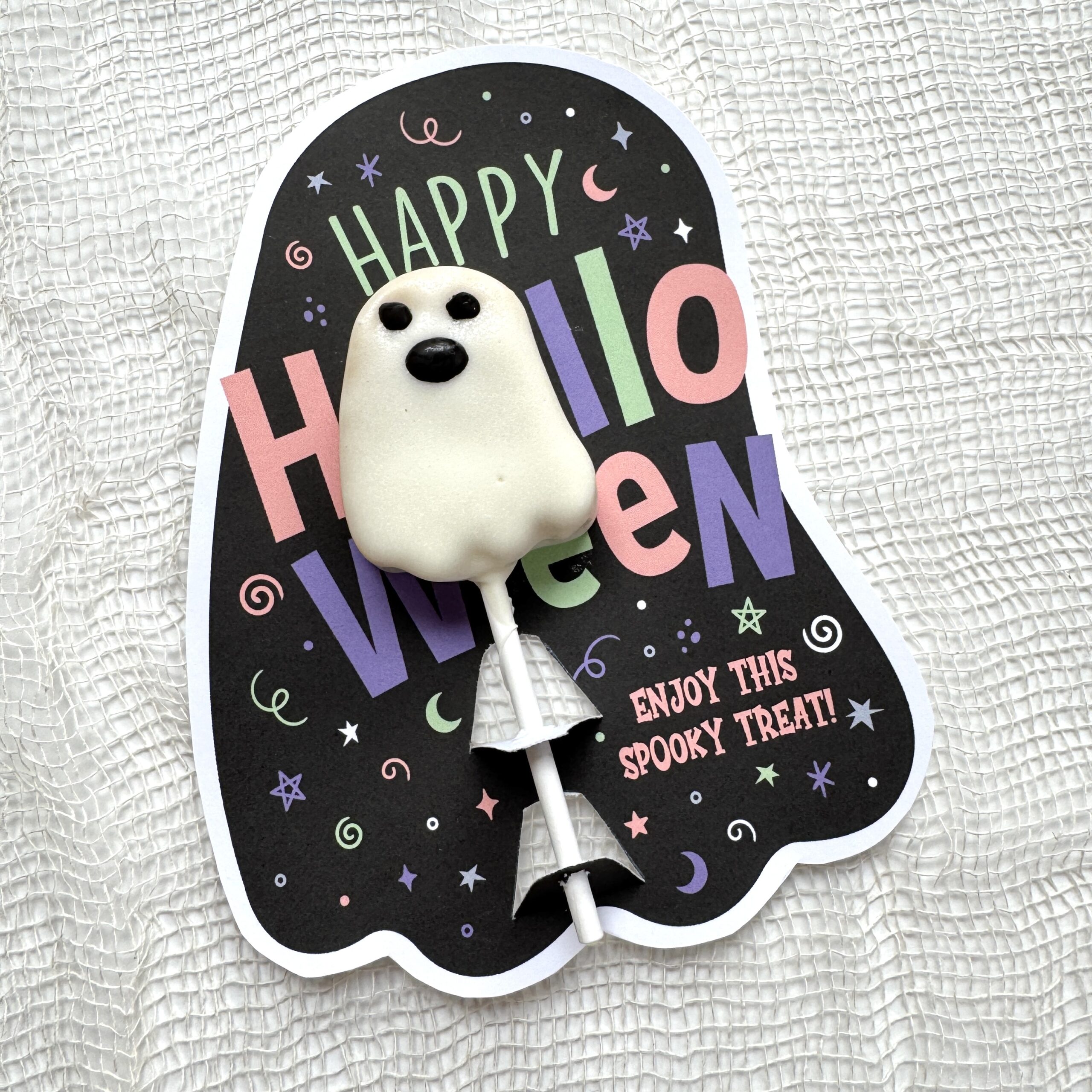 IMG_3349 2 CAKE POP - "Happy Halloween" Ghost Die Cut Card – Set of 25 Printed 5" x 6.5" Cake Pop Cards - Image 1