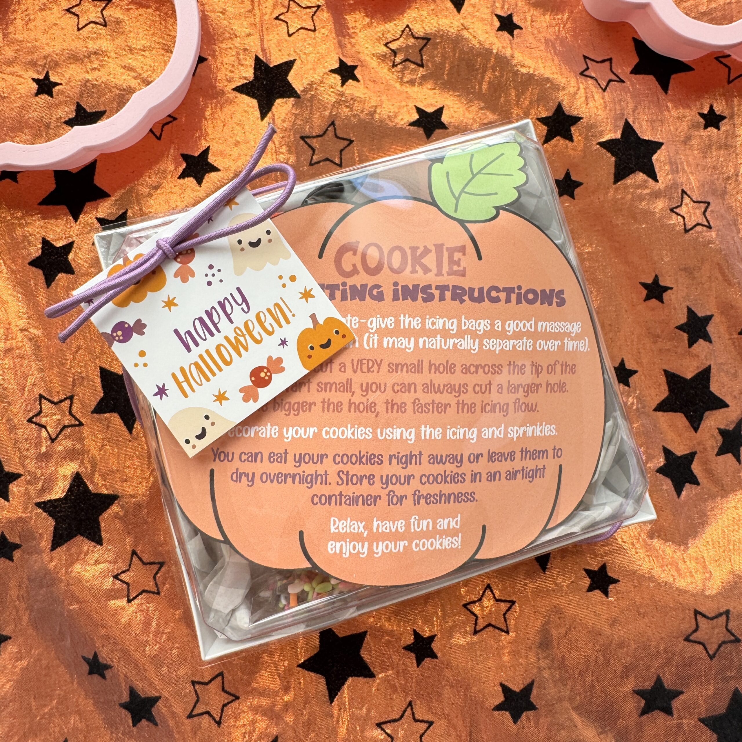 IMG_3425 Pumpkin "Cookie Decorating Instructions" Die Cut Card – Set of 25 Printed 5" x 5" Cookie Cards - Image 1